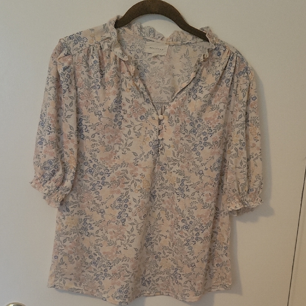 MELLODAY Blue and Cream Blouse with Puff Sleeves